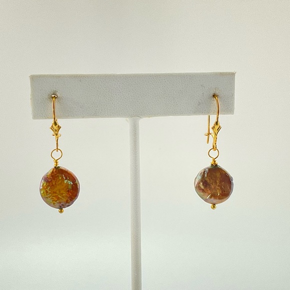 Copper Color Pearl Earrings, Handmad, Genuine Fresh Water Coin Pearl, Gold Plate - Picture 2 of 7